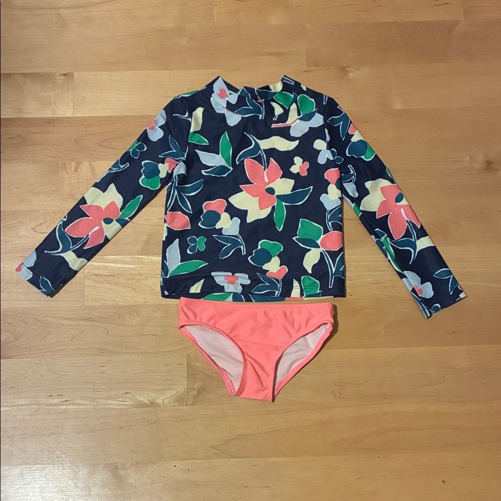 Carter's Navy and Coral Floral Kids Swim Rashguard Set